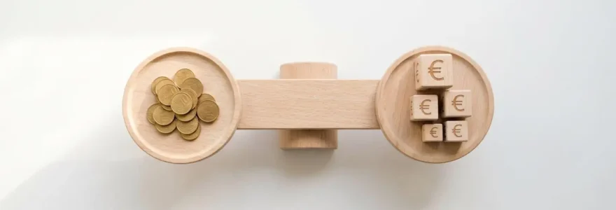 Vue en plongée d'une balance en bois clair sur fond blanc, avec des pièces dorées sur le plateau gauche et des cubes en bois gravés de symboles euro de taille décroissante sur le plateau droit, symbolisant l'équilibre entre revenus publicitaires et réduction des coûts ACOS