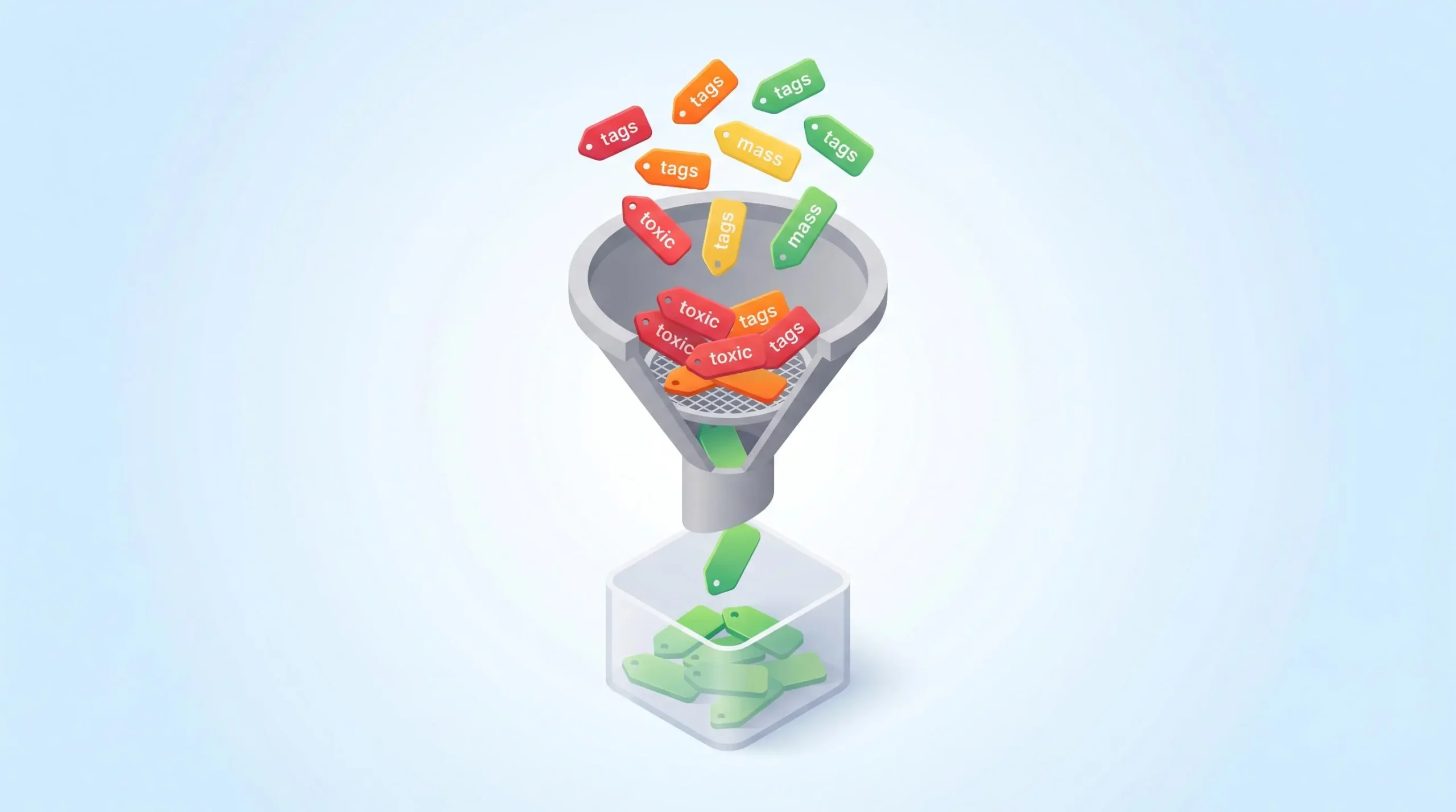Illustration 3D isométrique d'un entonnoir de filtration avec des étiquettes de mots-clés colorées tombant en cascade, un filtre bloquant les étiquettes rouges et oranges représentant les mots-clés non rentables, laissant passer uniquement les étiquettes vertes rentables dans un conteneur en bas