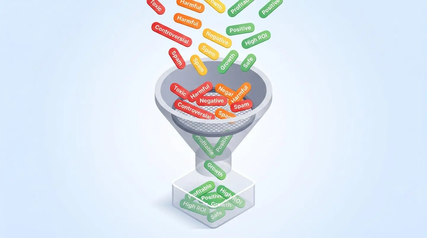 Illustration 3D isométrique d'un entonnoir de filtration avec des étiquettes de mots-clés colorées tombant en cascade, un filtre bloquant les étiquettes rouges et oranges représentant les mots-clés non rentables, laissant passer uniquement les étiquettes vertes rentables dans un conteneur en bas