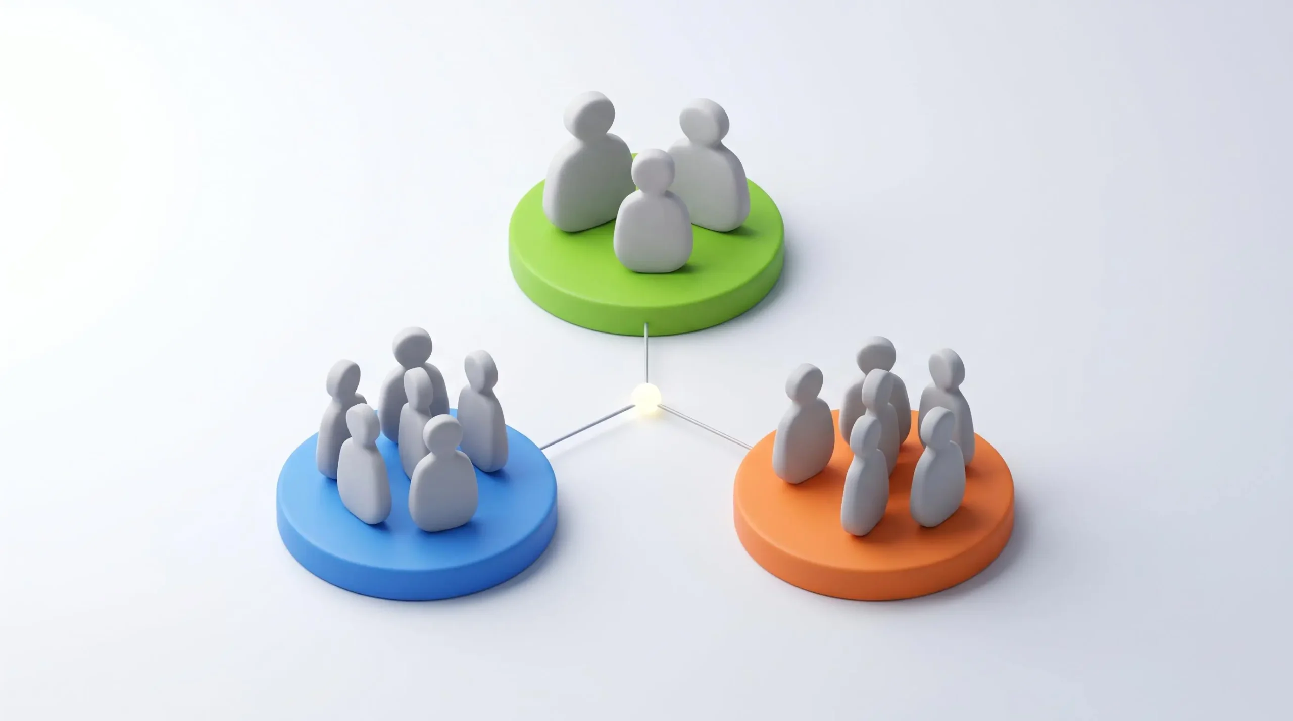 Illustration 3D isométrique montrant trois groupes de silhouettes humaines stylisées épurées positionnées sur des podiums circulaires bleu, vert et orange, connectés par des lignes fines à un point lumineux central symbolisant la segmentation et le ciblage précis des audiences