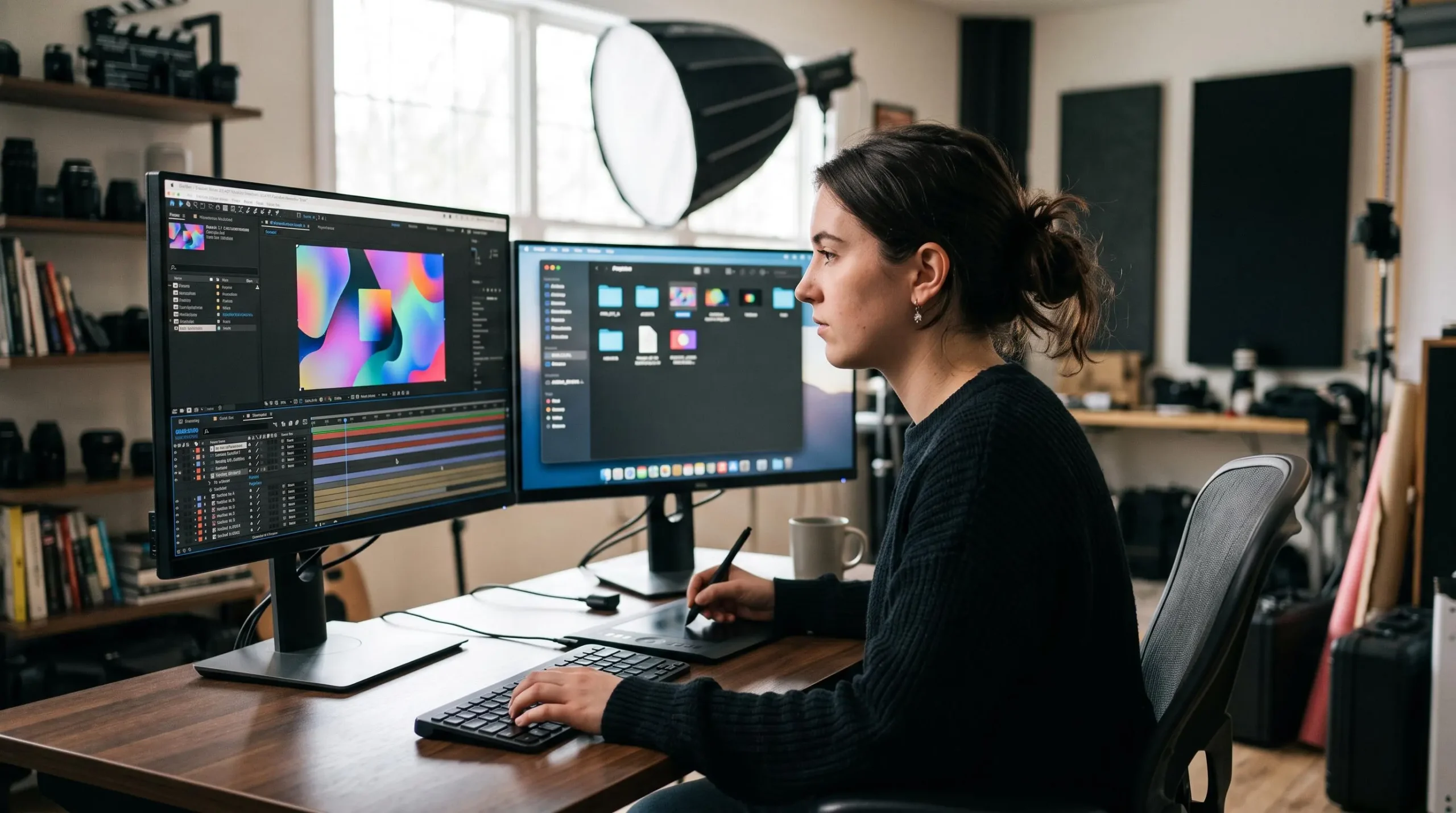 Créateur de contenu vidéo travaillant sur un projet de motion design avec des animations colorées affichées sur un grand écran professionnel