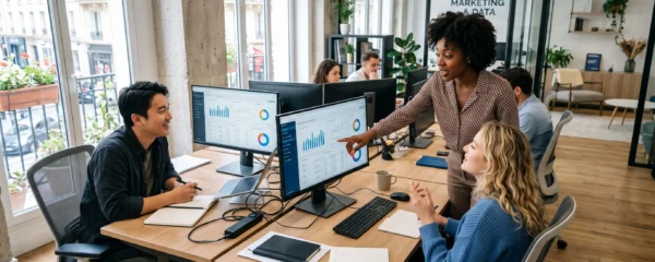 Équipe de professionnels du marketing digital travaillant ensemble devant plusieurs écrans d'ordinateur affichant des données analytiques dans un bureau moderne