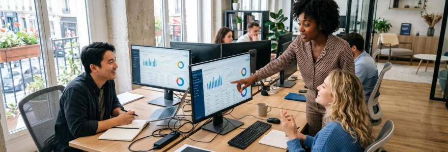 Équipe de professionnels du marketing digital travaillant ensemble devant plusieurs écrans d'ordinateur affichant des données analytiques dans un bureau moderne