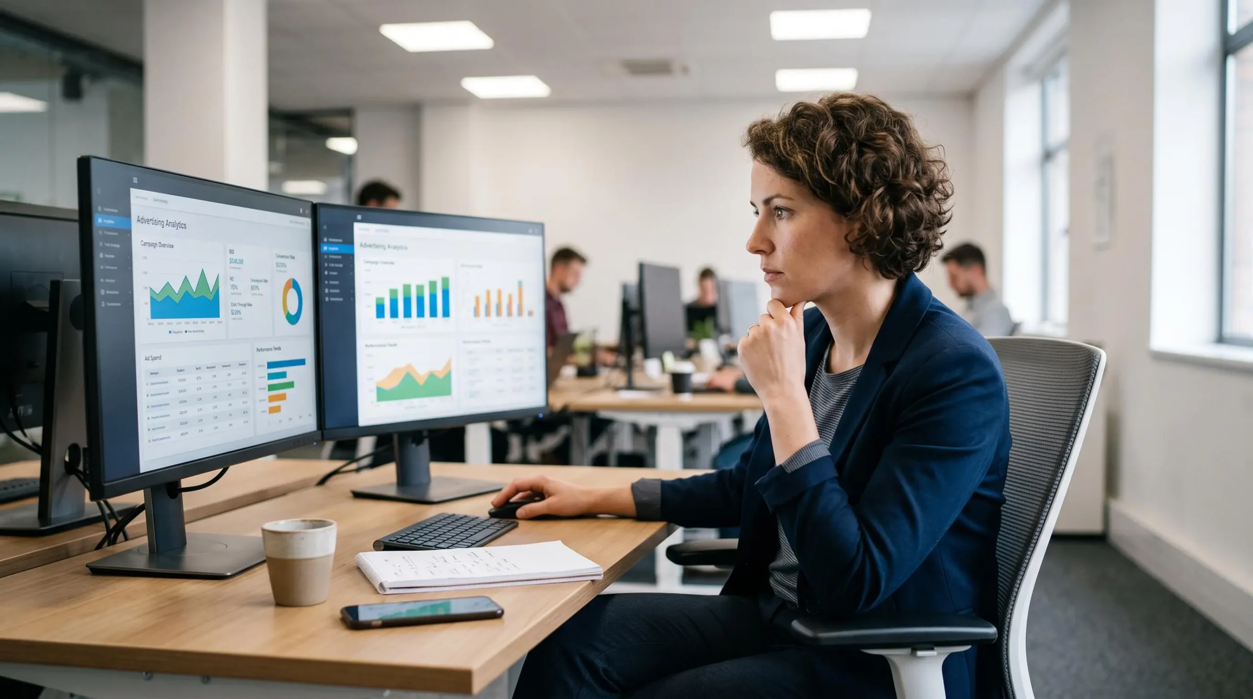 Spécialiste du référencement payant travaillant sur l'optimisation de campagnes publicitaires digitales sur deux écrans d'ordinateur